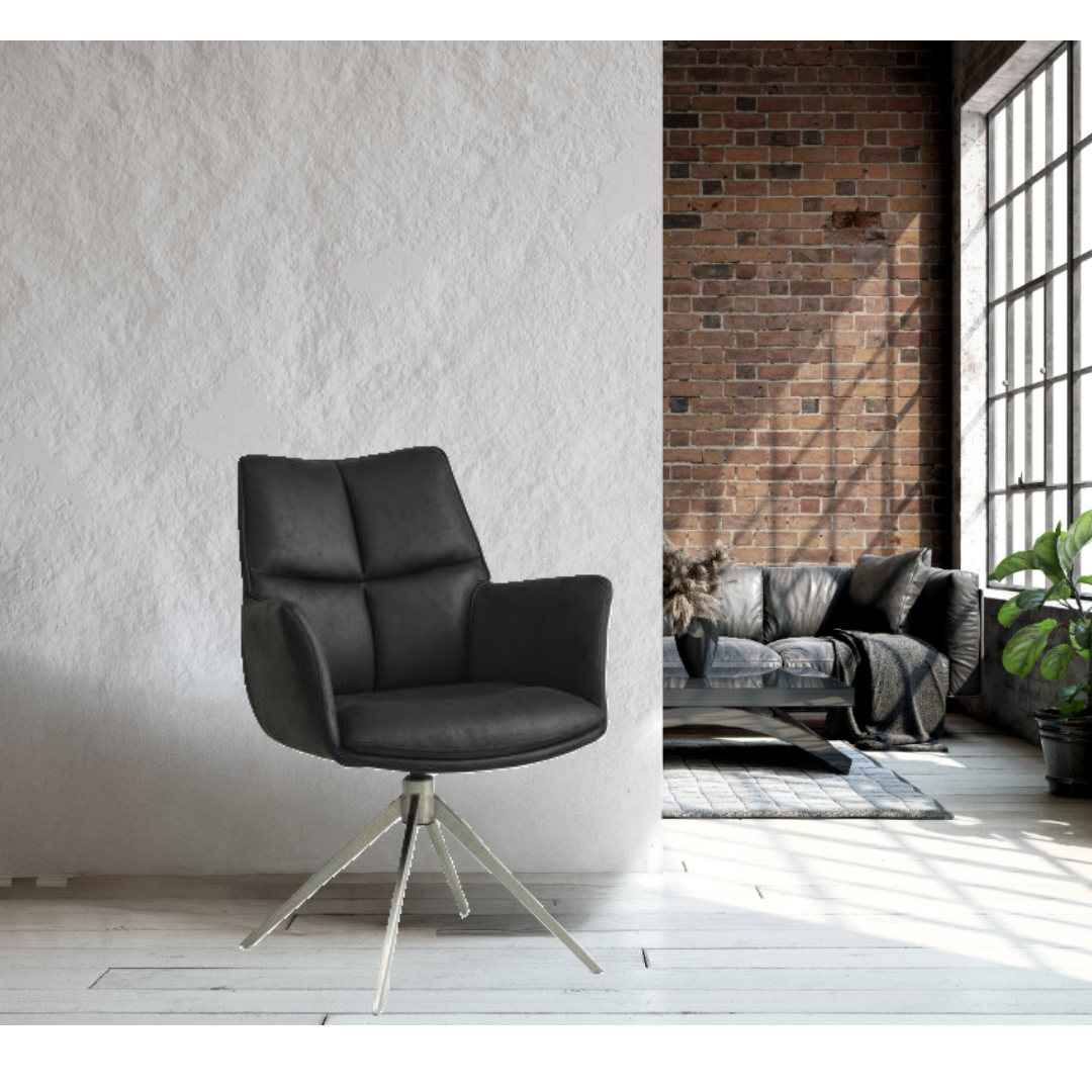 Lexpo Lily spisestuestol m/armlæn mikro læder tyr, onyx sort/metal drejefod